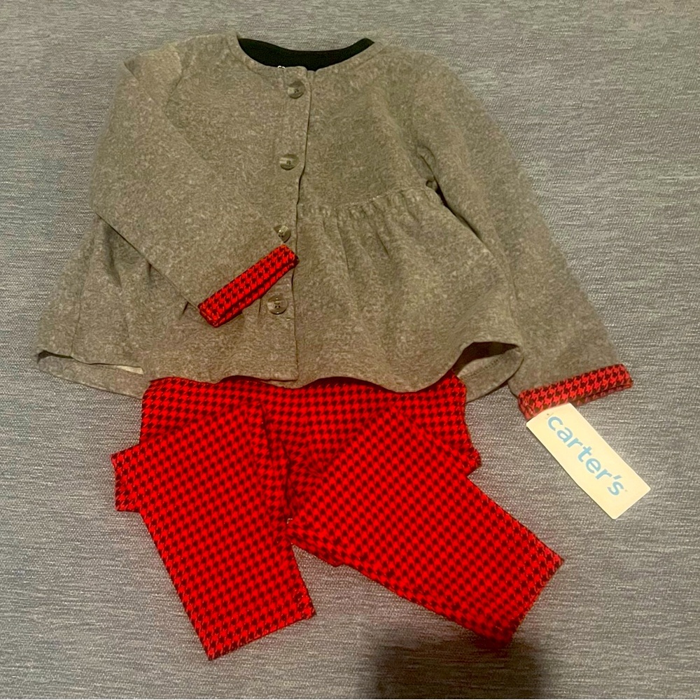 Carters 24 months toddler girls 3 piece onsie, grey top, and plaid leggings